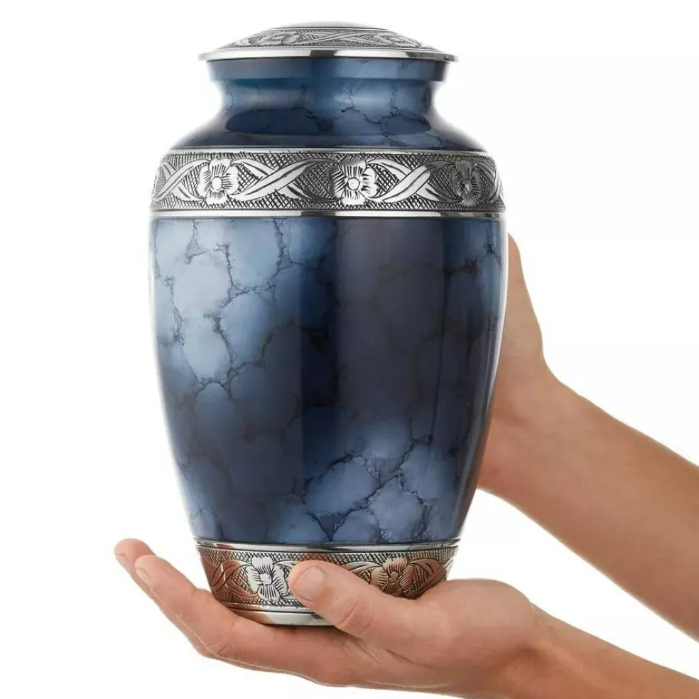 Adult Cremation Urn for Human Ashes - Blue and Silver with Velvet Bag