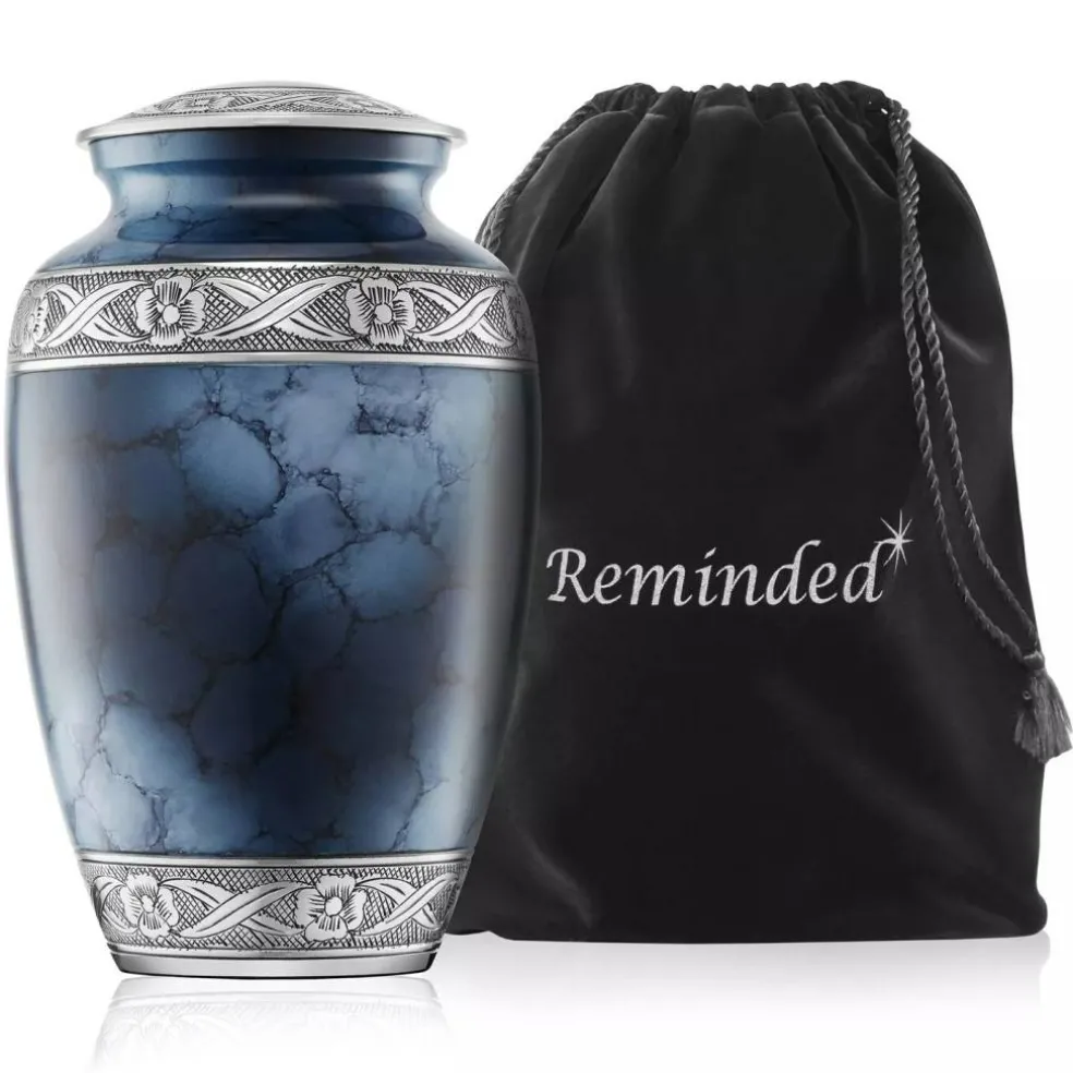 Adult Cremation Urn for Human Ashes - Blue and Silver with Velvet Bag