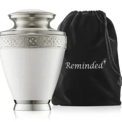 Adult Cremation Urn for Human Ashes - White and Silver with Velvet Bag