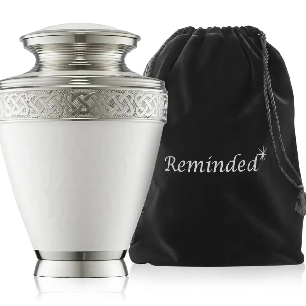 Adult Cremation Urn for Human Ashes - White and Silver with Velvet Bag