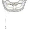 Adult Silver Metallic Masquerade Mask with Holding Stick, One Size