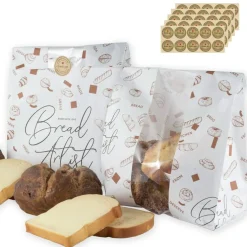 AeKahtay 50 Pack Paper Bread Bags with Front Window, 13.8 x 9.5 x 4.3 Inch Large Paper Bread Bags for Homemade Bread Gift Giving with Stickers