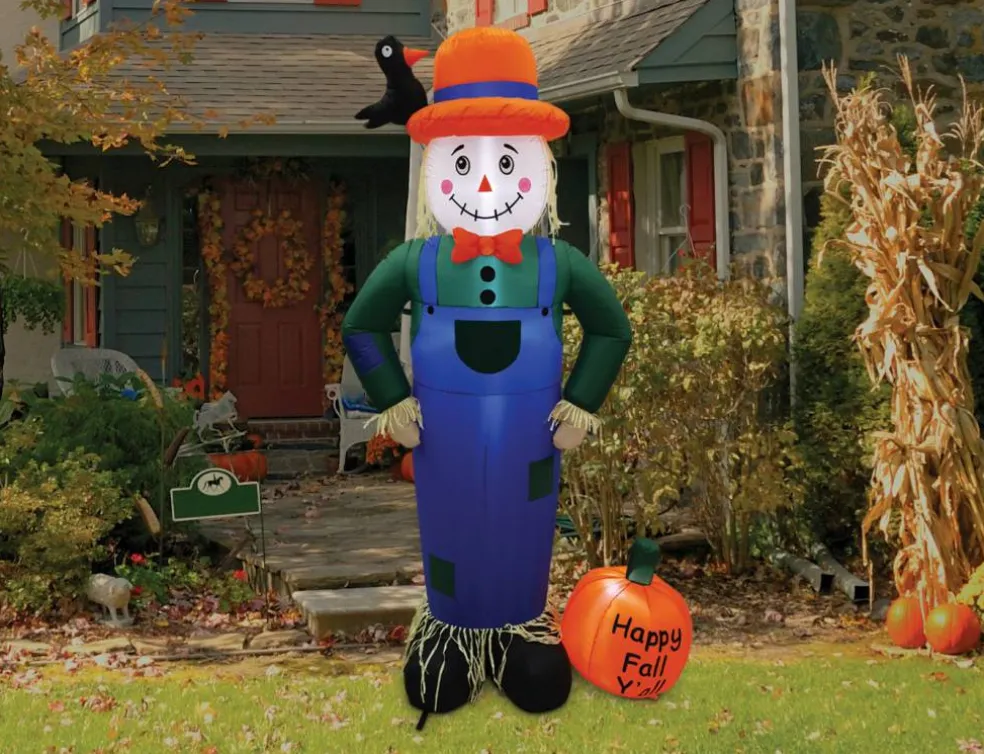 7' Air Blown Inflatable Thanksgiving Scarecrow Standing Next To Pumpkin GTF00048-7