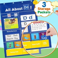 Alphabet Learning Pocket Chart with ABC Flash Cards, Letter Tracing & Handwriting Practice Board, Preschool & Kindergarten Classroom Wall Chart for Homeschool Learning Activities