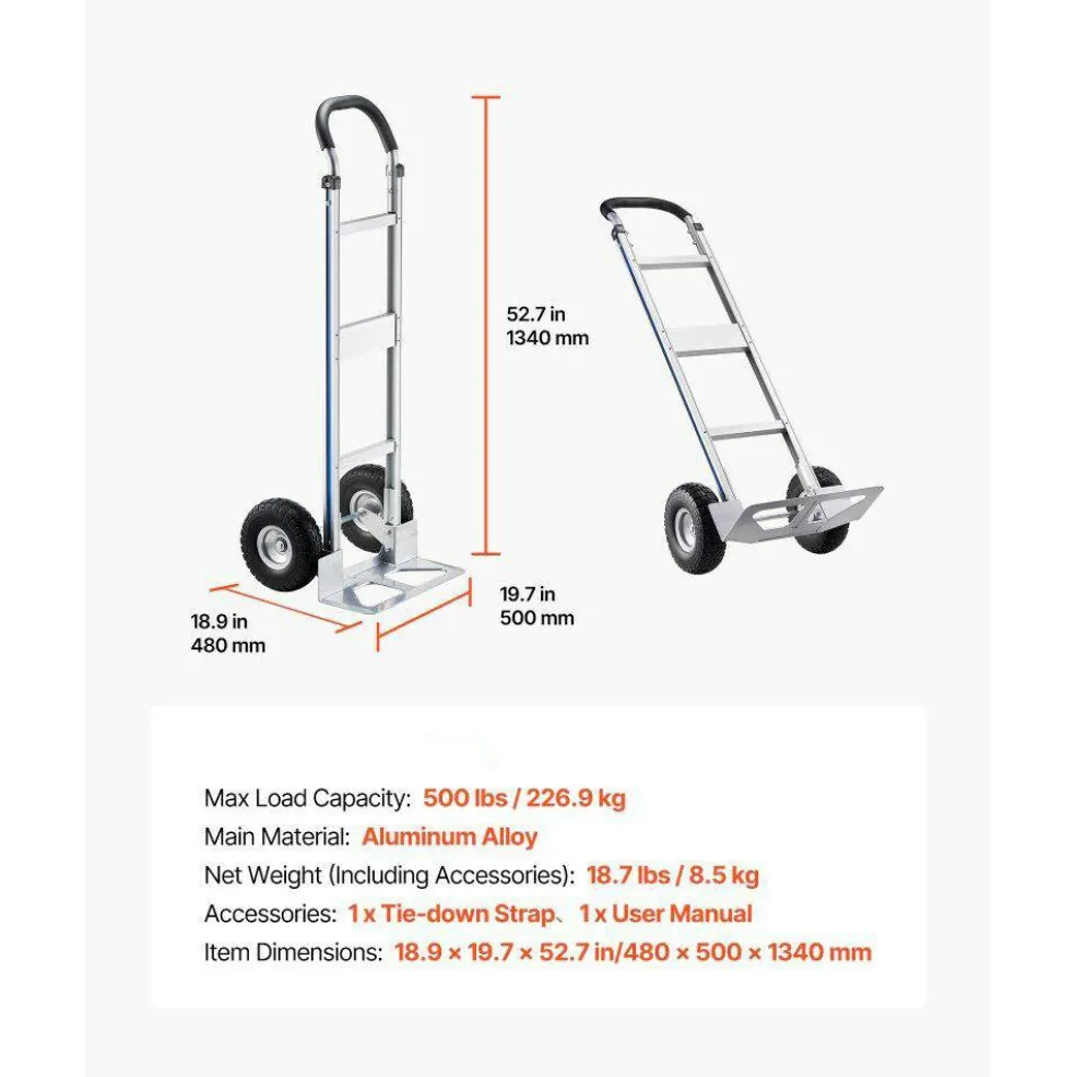 Aluminum Hand Truck Dolly 500lb Capacity 10in Wheels Heavy Duty Silver