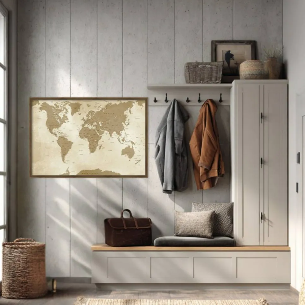 Amanti Art Framed Fabric Pinboard Antique Style World Map Printed Bulletin Board for Use as a Vision Board or Wall Organization
