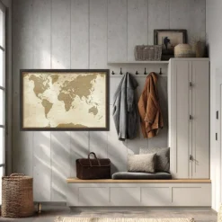 Amanti Art Framed Fabric Pinboard Antique Style World Map Printed Bulletin Board for Use as a Vision Board or Wall Organization
