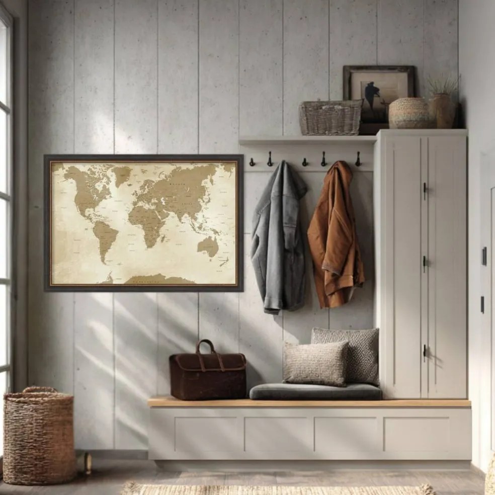 Amanti Art Framed Fabric Pinboard Antique Style World Map Printed Bulletin Board for Use as a Vision Board or Wall Organization