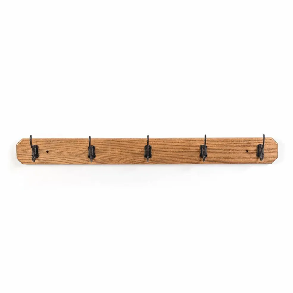 Amish Handmade Oak Wall Mount Board Space Saving Coat Rack 5 Metal Hook