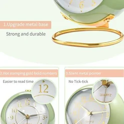 Analog Alarm Clocks,Retro Backlight Cute Simple Design Small Desk Clock with Night Light,Silent Non-Ticking,Battery Powered,for Kids,Bedroom,Travel,Kitchen,Bedside Desktop.(Green)