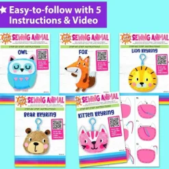 Animal Keyring Charm Sewing Kit for Kids, 5 Projects Owl Cat Fox Lion Teddy Bear with Pre-Punched Holes, Age 6+, Safe Plastic Needle and Instructions