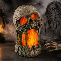 12" Animated Flaming Rotted Skull Halloween Decoration