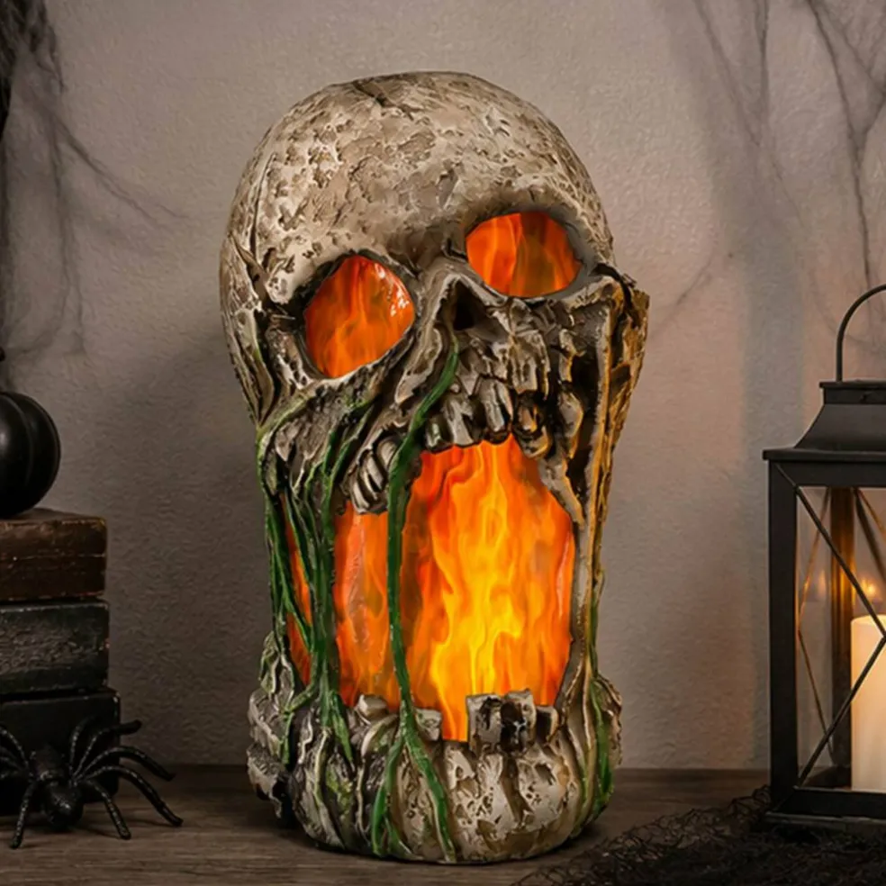 12" Animated Flaming Rotted Skull Halloween Decoration
