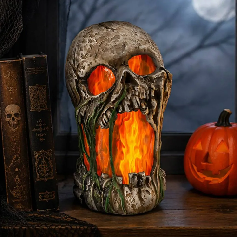 12" Animated Flaming Rotted Skull Halloween Decoration