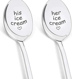 Anniversary Wedding Gifts for Him Her, His and Hers Gifts Engraved Ice Cream Spoon, 2 Pcs Personalized Spoon Stainless Steel Birthday Engagement Couple Gifts