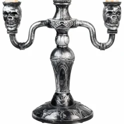 14" Antique Silver Skull Trio Halloween Candelabra Décor