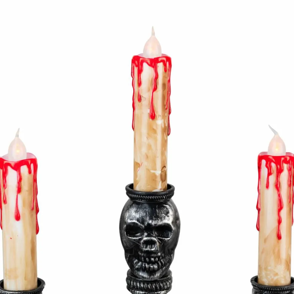 14" Antique Silver Skull Trio Halloween Candelabra Décor