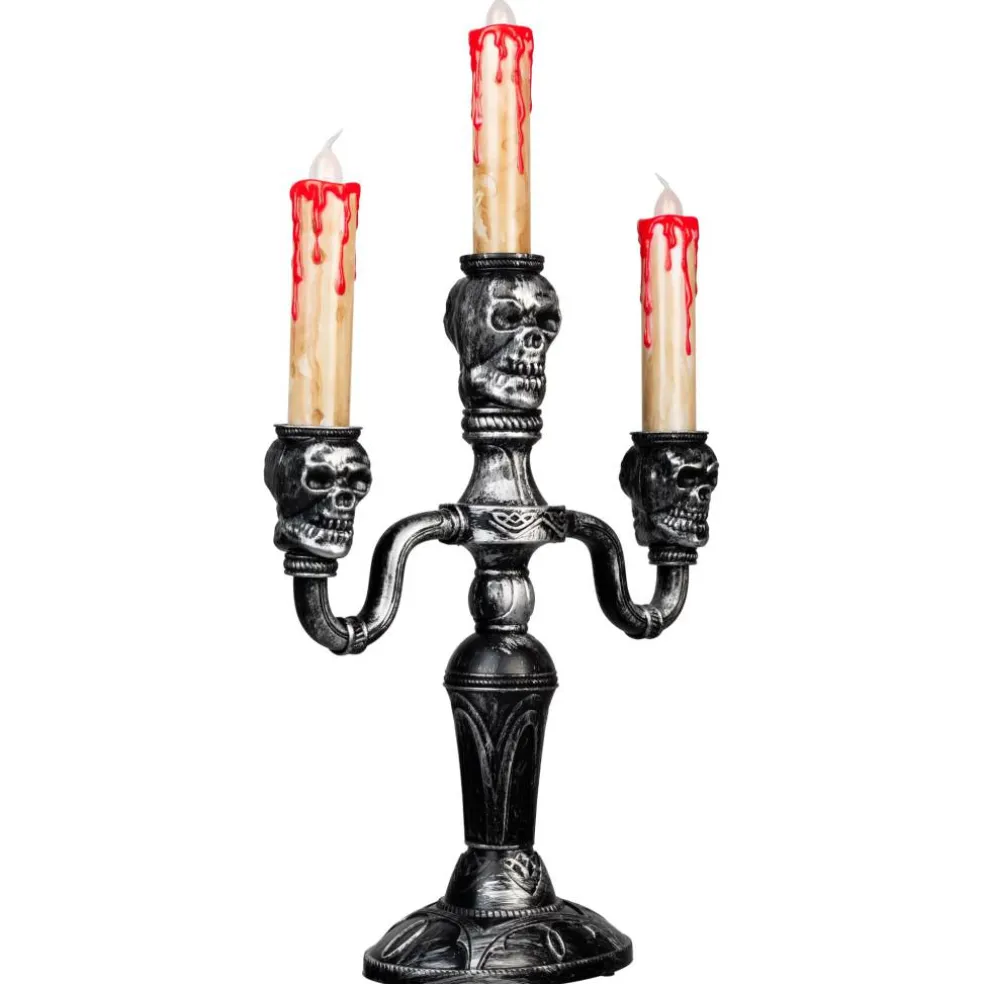 14" Antique Silver Skull Trio Halloween Candelabra Décor