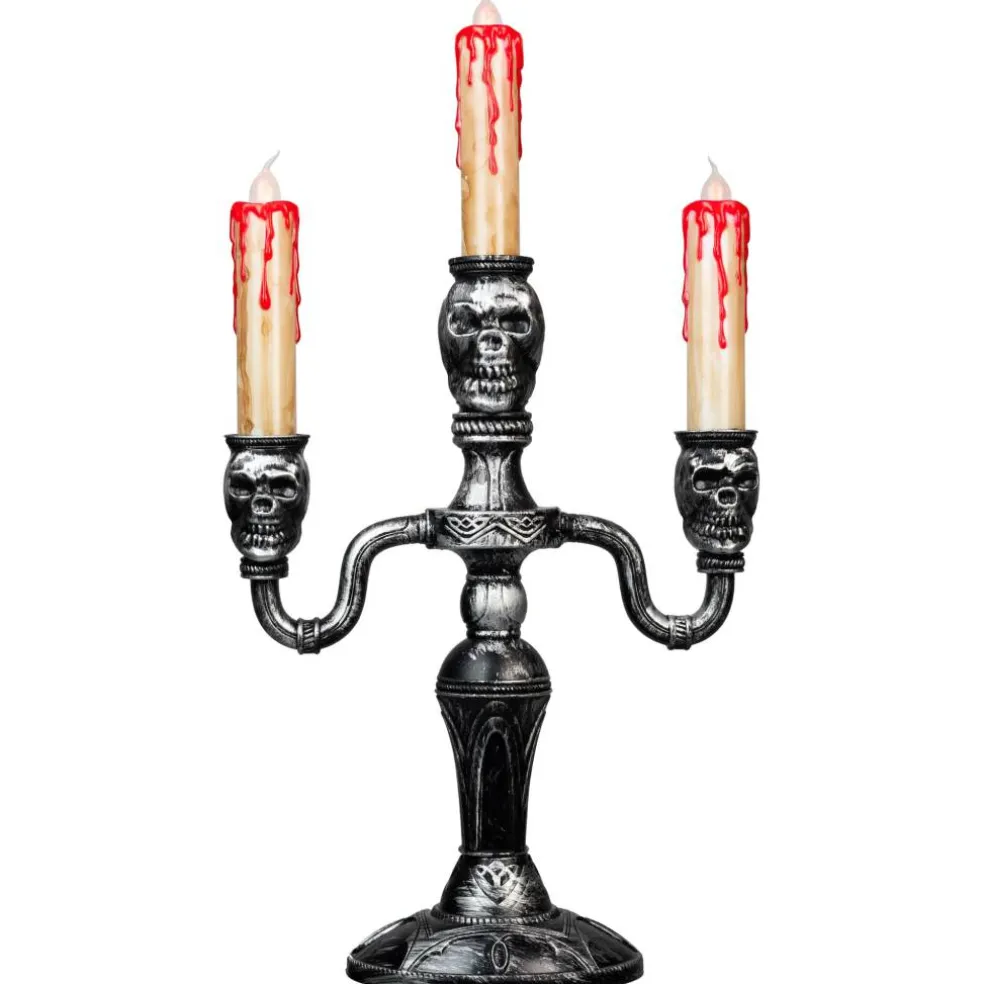 14" Antique Silver Skull Trio Halloween Candelabra Décor