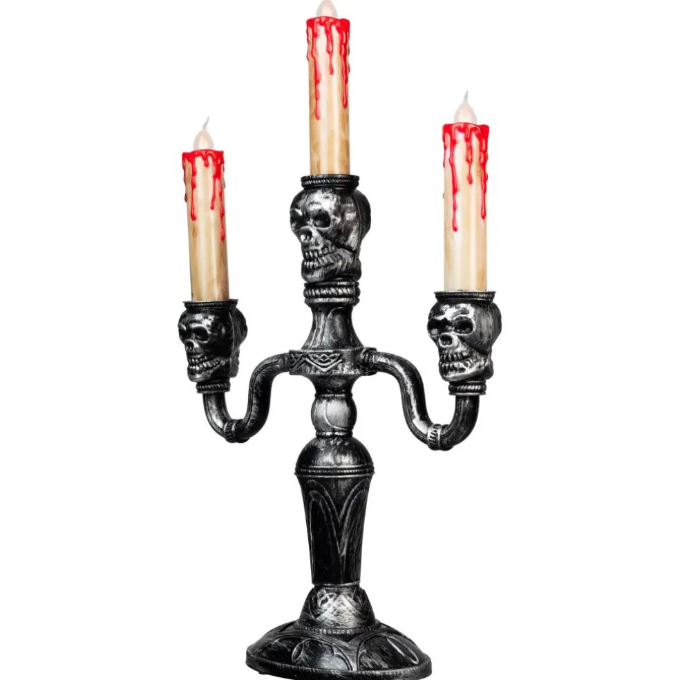14" Antique Silver Skull Trio Halloween Candelabra Décor