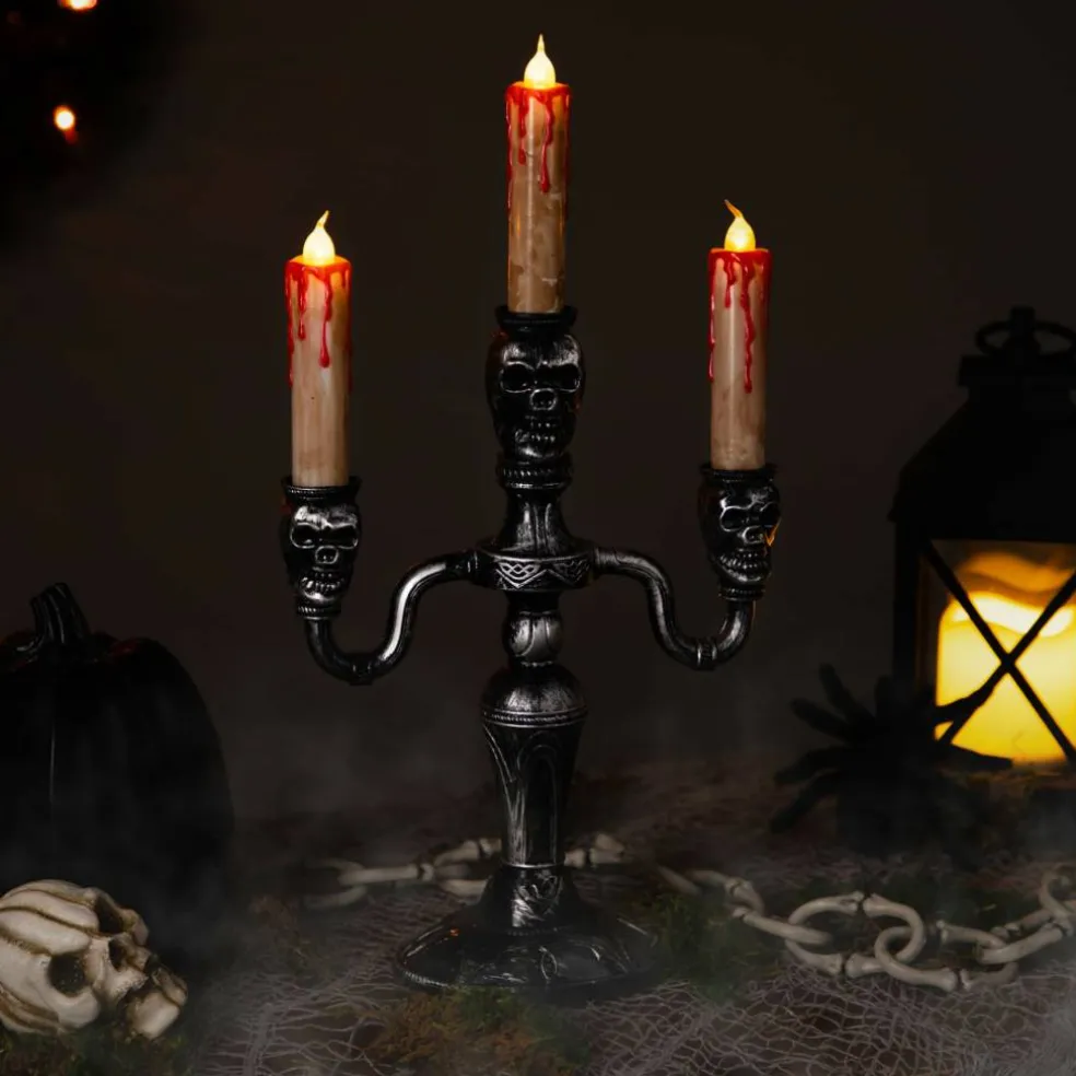 14" Antique Silver Skull Trio Halloween Candelabra Décor