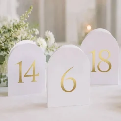 Arch Table Number Signs 1-20 Set, 5x7 Inch Self-Standing Double-Sided Gold Foil White Cardstock Table Signs, Wedding Reception Decor for Guest Book, Dessert Bar, Gift Table and Events