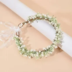 Artificial Baby’s Breath Flower Crown Headband, Bridal Eucalyptus Floral Halo Headpiece for Wedding, Bridesmaids, Maternity Photoshoot, Festival and Photo Prop (White)