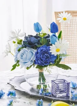 Artificial Blue Rose and Tulip Flower Arrangement with Glass Vase, Real Touch Faux Silk Flowers with Fake Water for Dining Table, Wedding, Home Decor, Housewarming and Birthday Gift