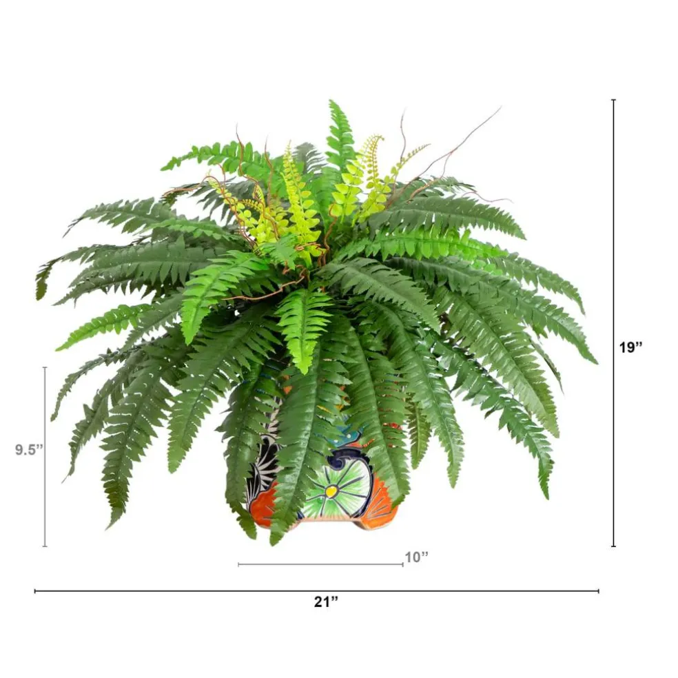 21" Artificial Boston Fern in Handmade Mexican Talavera Ceramic Planter