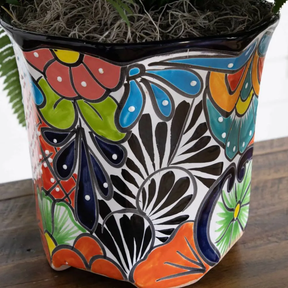 21" Artificial Boston Fern in Handmade Mexican Talavera Ceramic Planter
