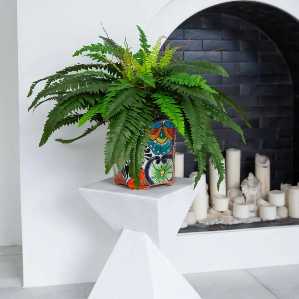 21" Artificial Boston Fern in Handmade Mexican Talavera Ceramic Planter