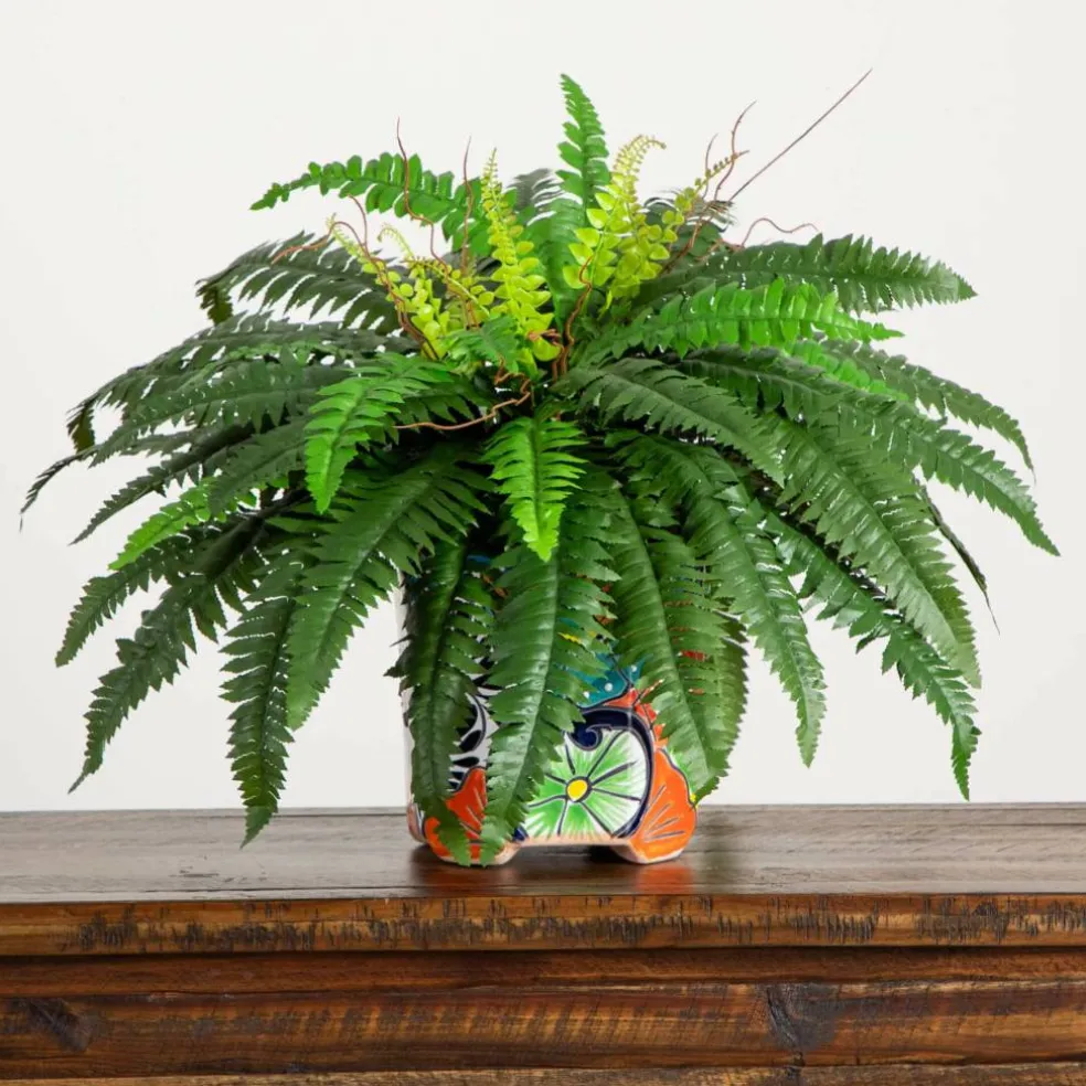 21" Artificial Boston Fern in Handmade Mexican Talavera Ceramic Planter