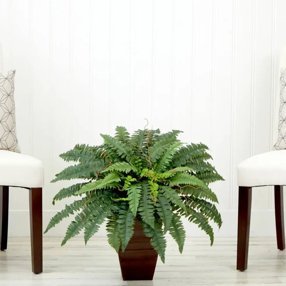23" Artificial Boston Fern Plant with Tapered Bronze Square Metal Planter