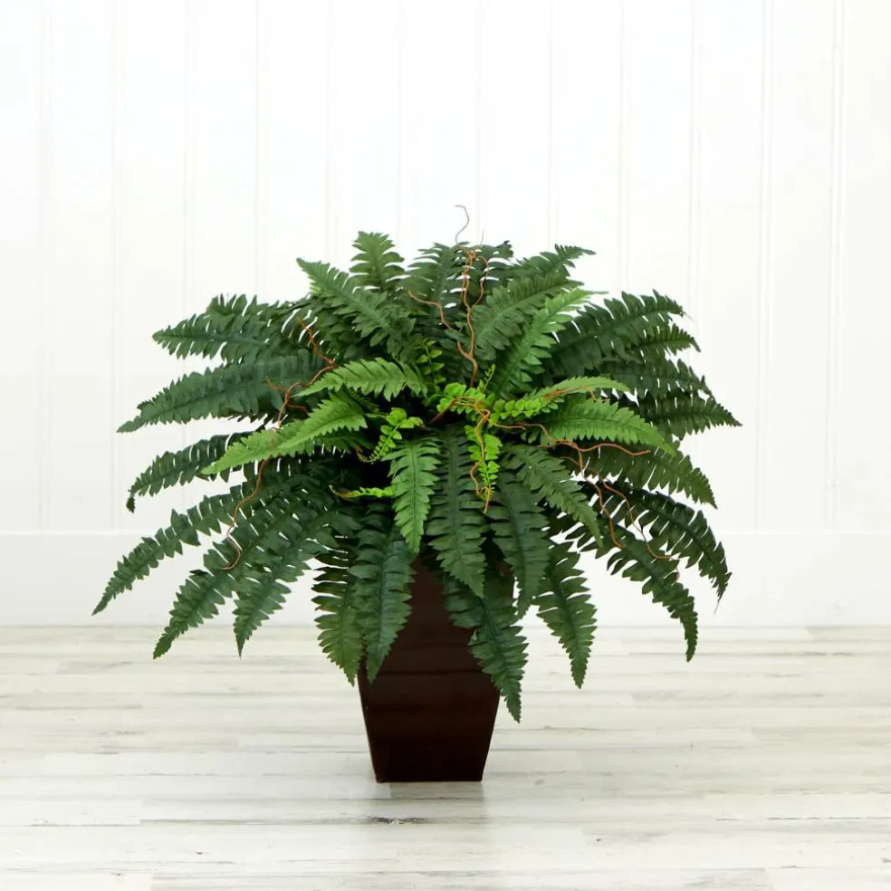 23" Artificial Boston Fern Plant with Tapered Bronze Square Metal Planter