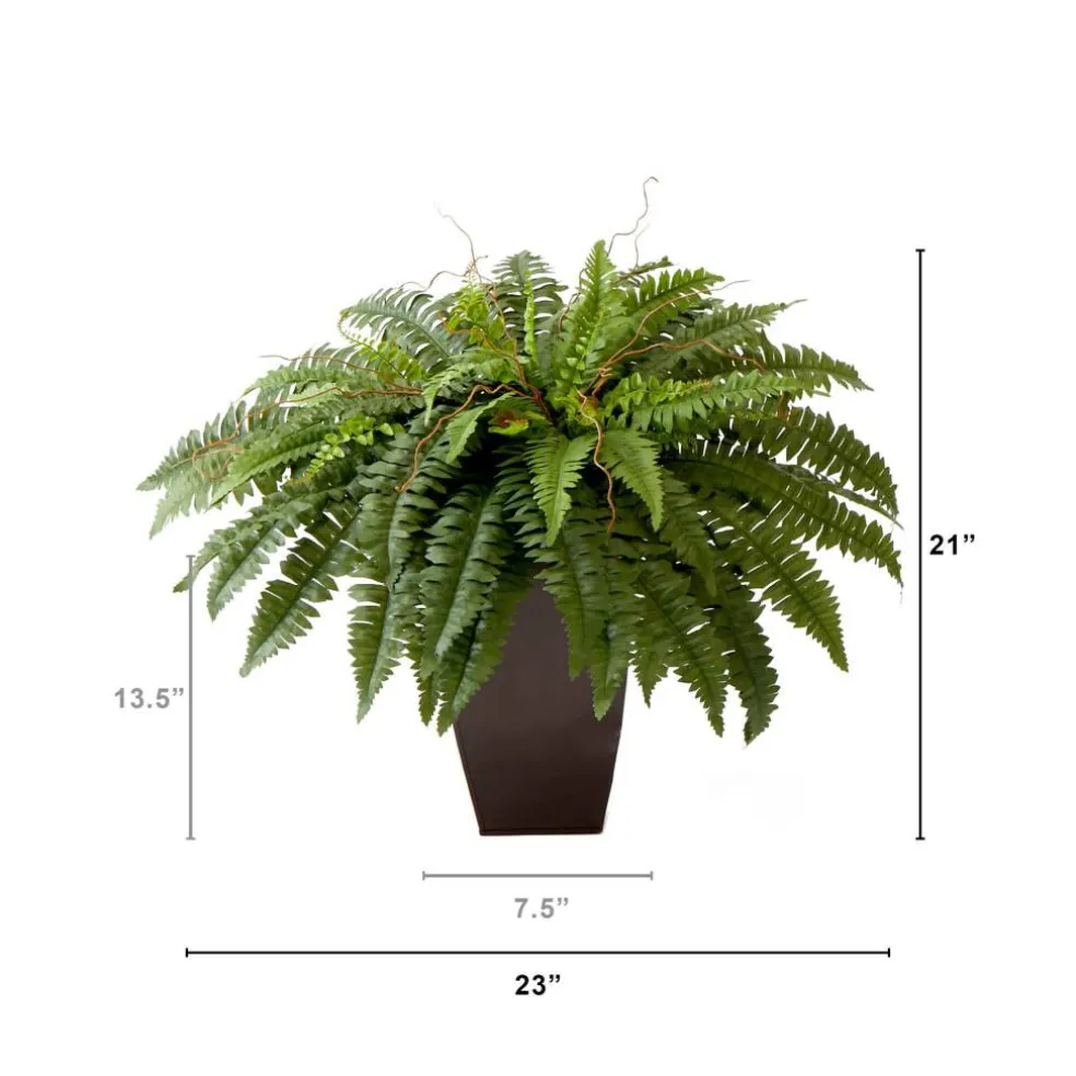 23" Artificial Boston Fern Plant with Tapered Bronze Square Metal Planter