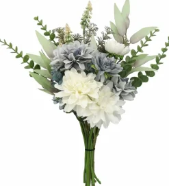 Artificial Dahlia Bouquet – White and Blue Silk Flowers for Vase, Home Table Decor Bathroom Decoration