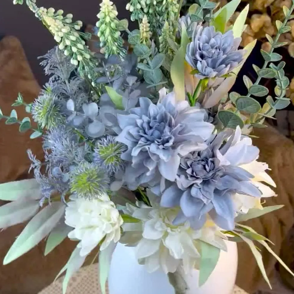 Artificial Dahlia Bouquet – White and Blue Silk Flowers for Vase, Home Table Decor Bathroom Decoration