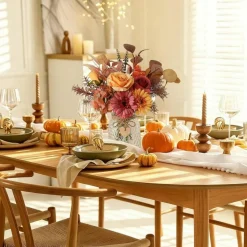Artificial Fall Floral Arrangement with Glass Vase – Lifelike Silk Roses & Gerbera Daisies with Decorative Heart Pendant – Compact Table Centerpiece for Kitchen, Coffee Table & Home Office Decor