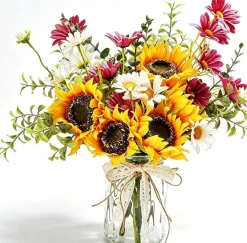 Artificial Faux Flowers in Vase, Sunflower & Silk Daisy Bouquet with Eucalyptus, Rustic Glass Vase Centerpiece for Home, Coffee Table, Dining Room, Kitchen, Farmhouse, Fall, Spring & Summer Decor