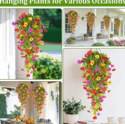 Artificial Flowers for Outdoors Fake Hanging Plants, 4PCS UV Resistant Faux Plastic Greenery Hanging Flowers for Outside Gardens Porch Wall Home Indoor Decor (Mixed Color)
