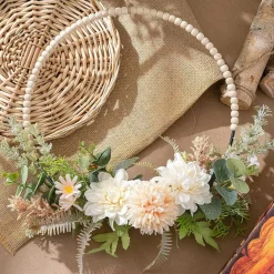 Artificial Flower Wreath for Front Door Floral Hoop Wreath Decor with Wood Beads Milk White Flowers Green Leaves Summer Home Decor