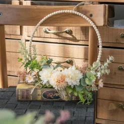 Artificial Flower Wreath for Front Door Floral Hoop Wreath Decor with Wood Beads Milk White Flowers Green Leaves Summer Home Decor