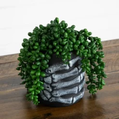 7" Artificial Halloween String of Pearls in Skeleton Hand Planter