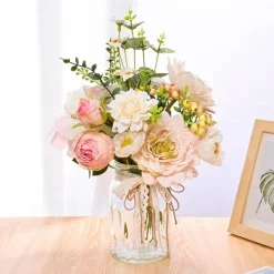 Artificial Hydrangea in Vase for Home Decor, Fake Silk Pink Flower Bouquet Artificial Flowers with Pot, Faux Dahlia Arrangement for Fall Spring Home Living Room Decor, Centerpiece Table Decorations