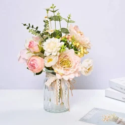 Artificial Hydrangea in Vase for Home Decor, Fake Silk Pink Flower Bouquet Artificial Flowers with Pot, Faux Dahlia Arrangement for Fall Spring Home Living Room Decor, Centerpiece Table Decorations