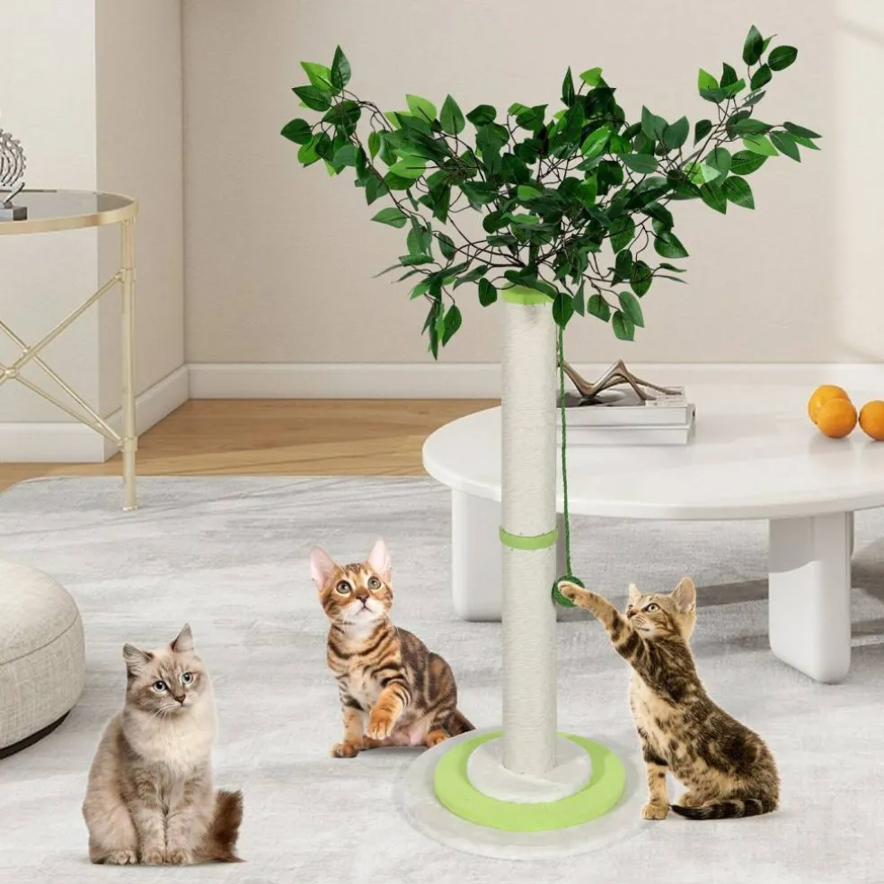Artificial Leaf Cat Scratching Post, Sisal Tall Cat Scratcher with Hanging Play Ball