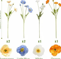 Artificial Poppy Silk Flowers, 2-Pack Faux Silk Poppy Flower Stems with Flocked Greenery