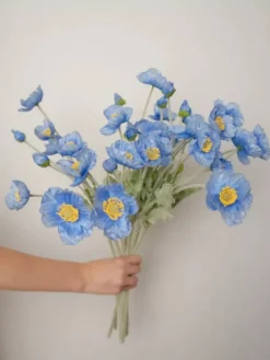 Artificial Poppy Silk Flowers, 2-Pack Faux Silk Poppy Flower Stems with Flocked Greenery