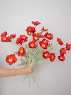 Artificial Poppy Silk Flowers, 2-Pack Faux Silk Poppy Flower Stems with Flocked Greenery