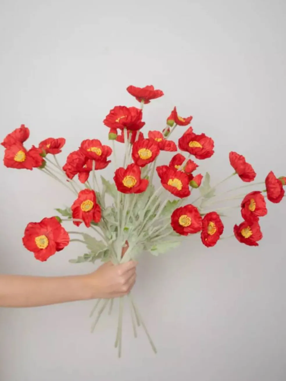 Artificial Poppy Silk Flowers, 2-Pack Faux Silk Poppy Flower Stems with Flocked Greenery